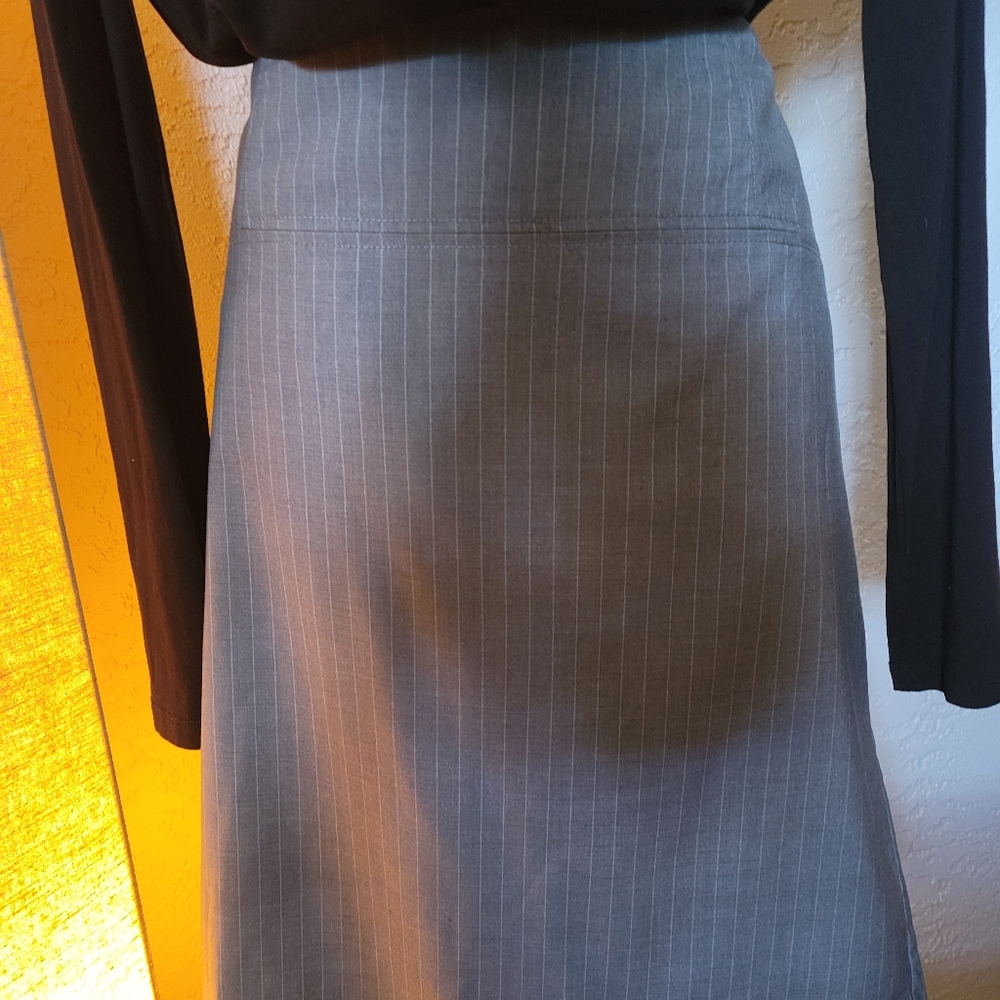 Gray with white pinstriped skirt. Slit on the back. Very classic. Size 10